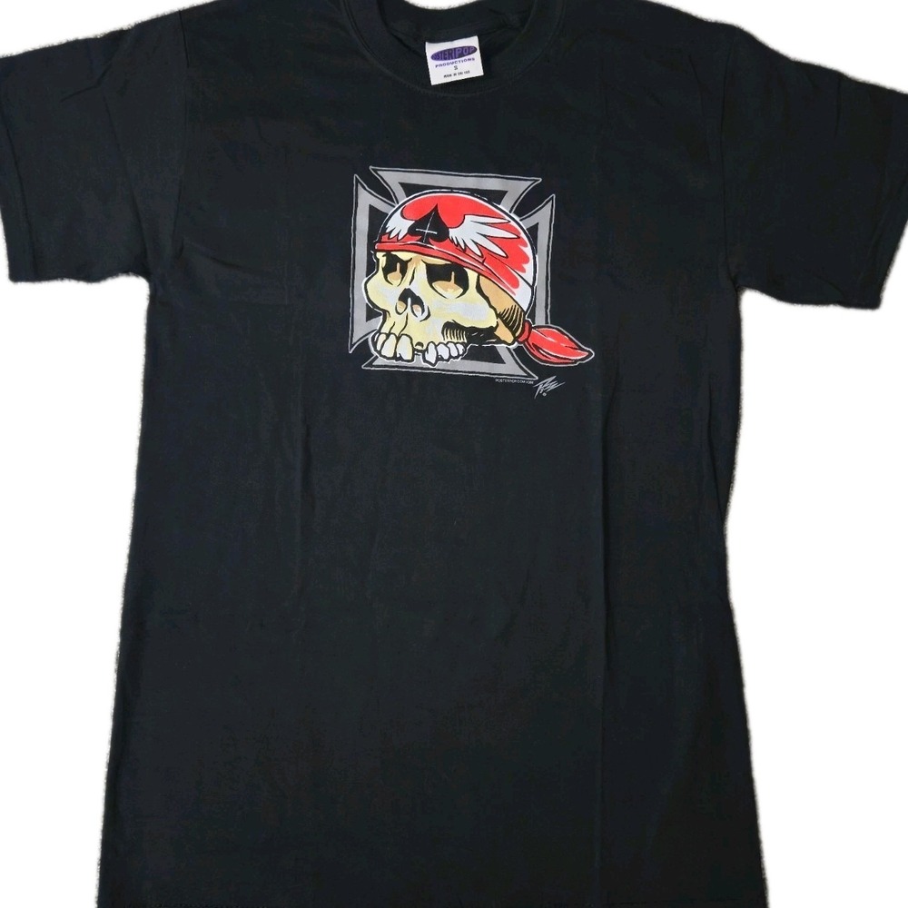 Vintage Biker T-Shirt Poster Pop Productions Cycle Skull Hot Rod Art Mens S USA